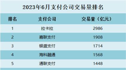 2023年6月支付公司交易量