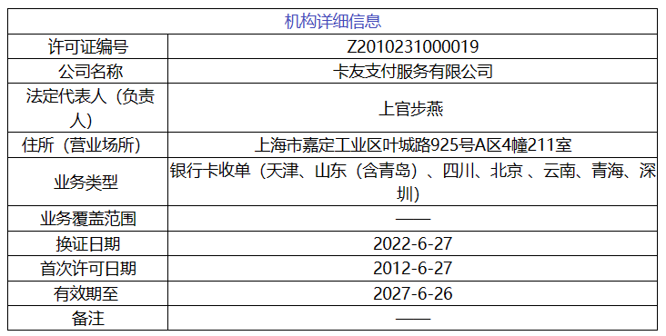 卡友支付公司牌照信息