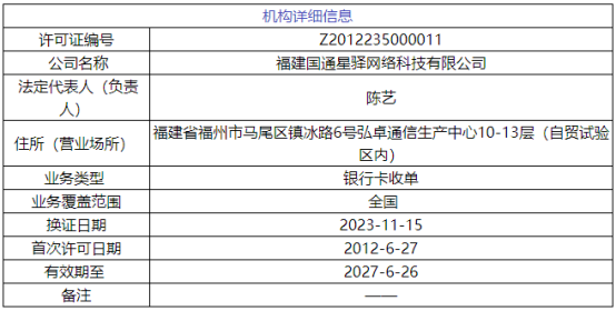 福建国通星驿网络科技有限公司支付牌照